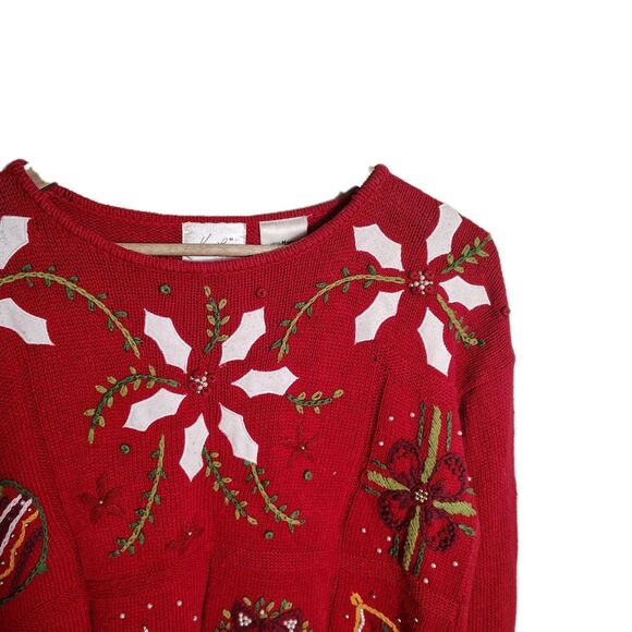 Vtg Kathy Lee Christmas Sweater Medium Retro Red Embroidered Holiday Ornaments - Picture 7 of 10